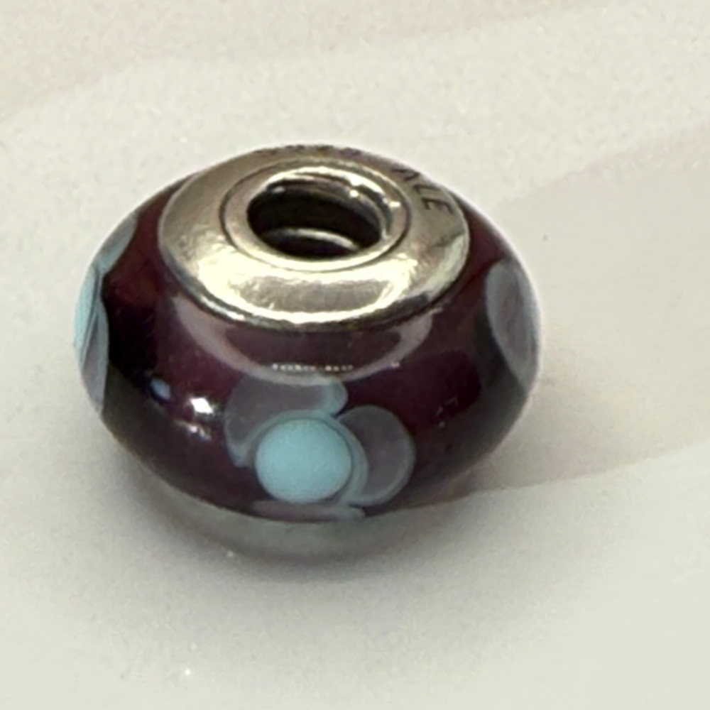 Retired Pandora Burgundy Murano Glass “Dotted Flowers” Bead 790652